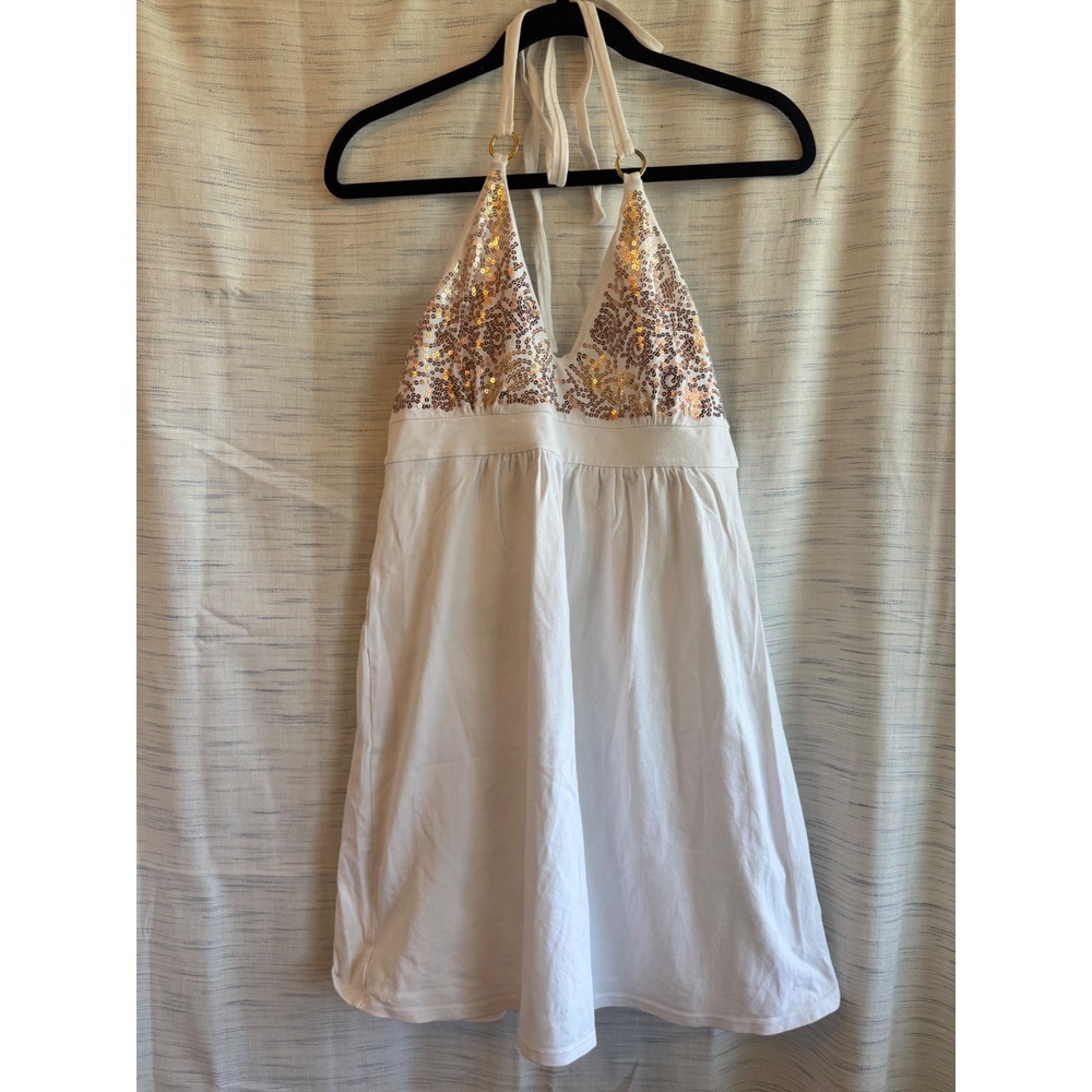 Victorias Secret Bra Tops White Sequin Halter Mini Dress Gold Floral Accents M